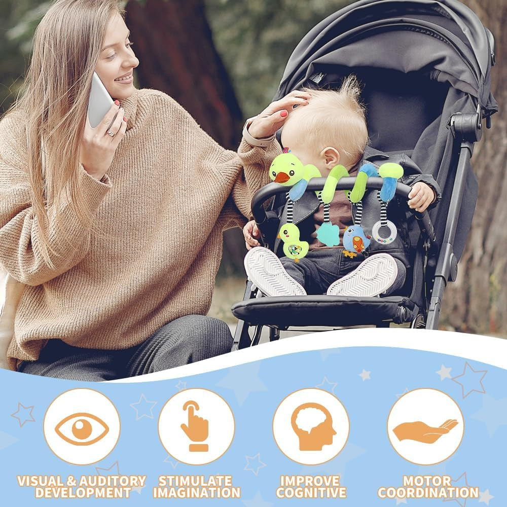 Plush Duck Baby Car Seat Toy - Squeaky Activity Spiral for Prams & Cribs - Perfect for Boys & Girls 0 Months+
